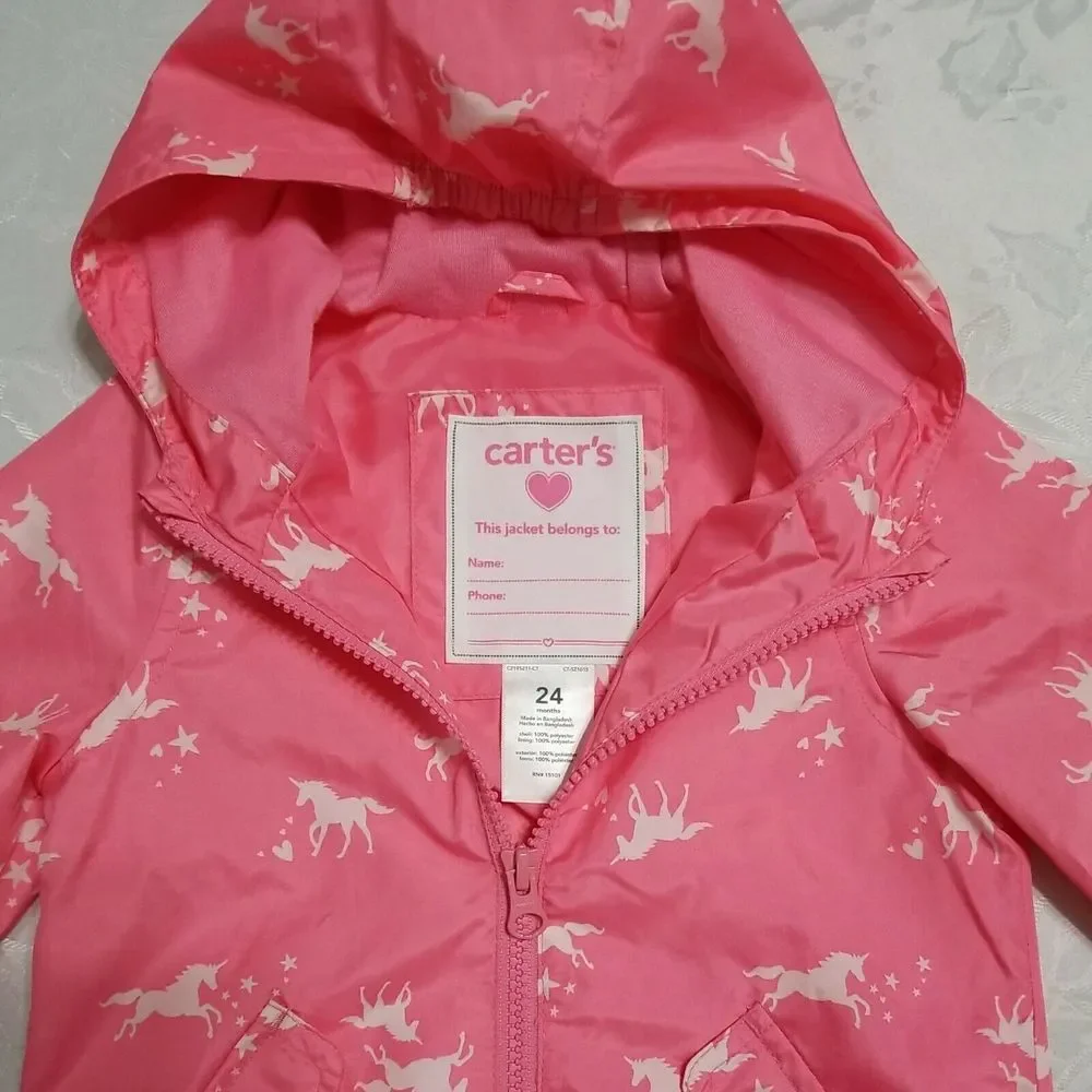 Carter's Girls 24 Mouth Unicorns‎ Stars Raincoat Jacket Coat Pink Hooded Kids